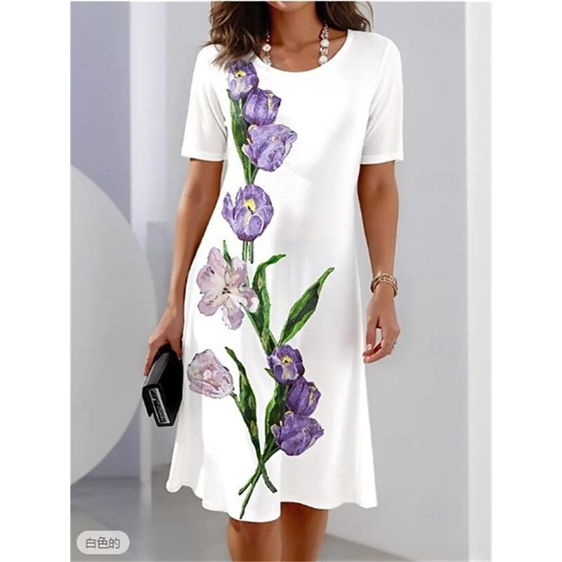 Women's Elegant Midi Dress T Shirt Dress Tee Dress Shift Dress Party Evening Casual Formal Daily Regular Fit Floral Graphic Abstract Short Sleeve Crew Neck Black White Light Purple Spring2