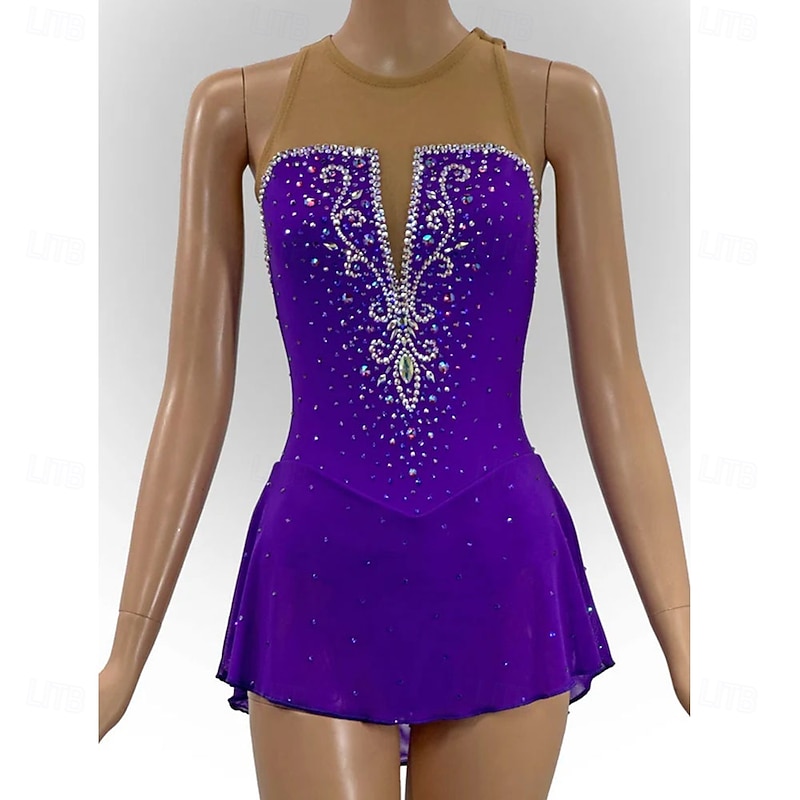 Figure Skating Dress Women's Girls' Ice Skating Dress Purple Open Back Asymmetric Hem Mesh High Elasticity Training Competition Skating Wear Classic Crystal / Rhinestone Sleeveless Ice Skating Figure