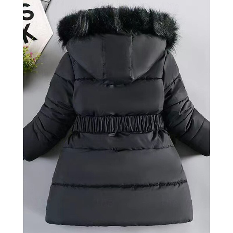 Kids Girls' Down Coat Solid Color Streetwear Fur Trim Zipper Pocket School Coat Outerwear 4-12 Years Winter Black Wine Navy Blue4
