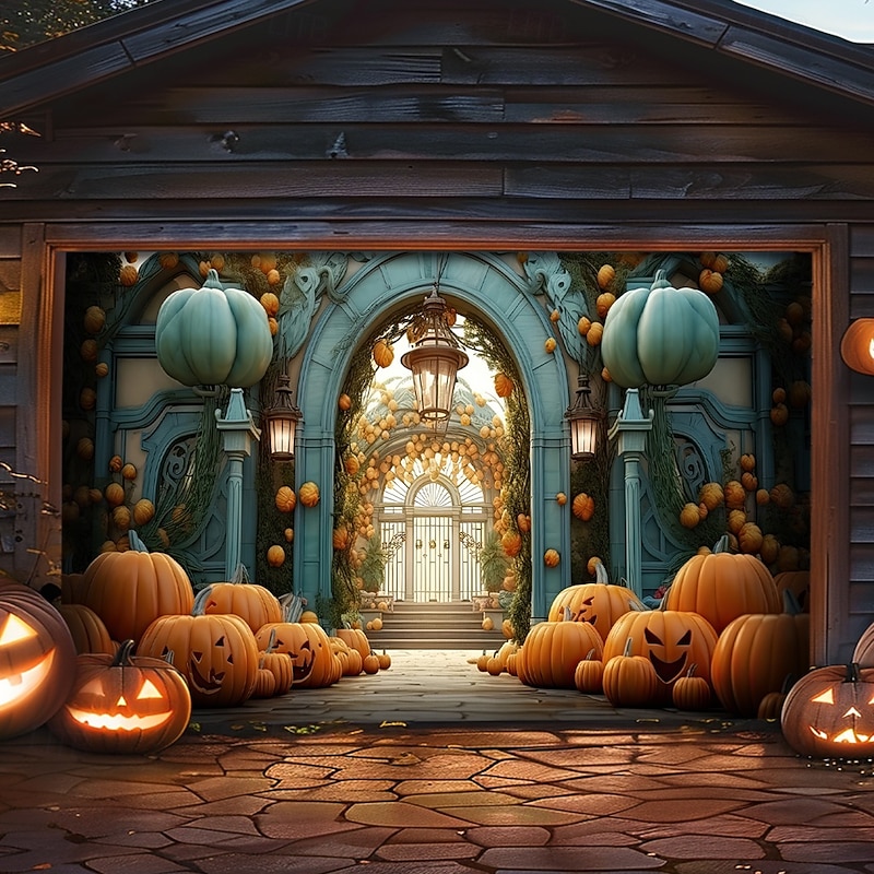 Halloween Garage Door Cover Large Hanging Backdrop Pumpkin 3D Dark Punk Gothic Style Party Outdoor Shooting Backgrounds Front Door Home Decor2