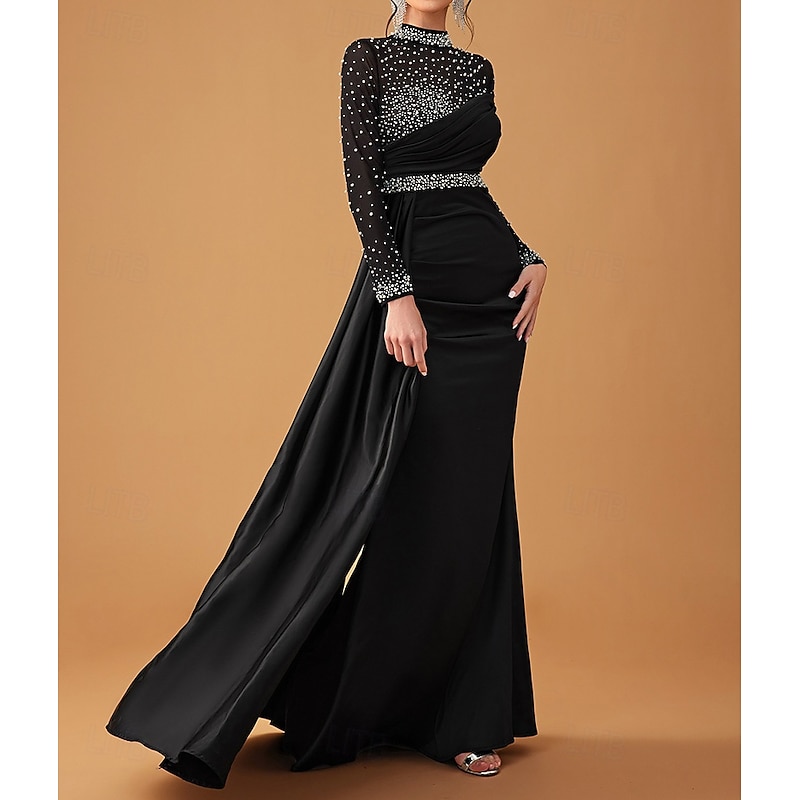 Black Mermaid / Trumpet Evening Gown Elegant Dress Formal Wedding Floor Length Long Sleeve High Neck Mock Neck Stretch Satin with Pearls Crystals 20253