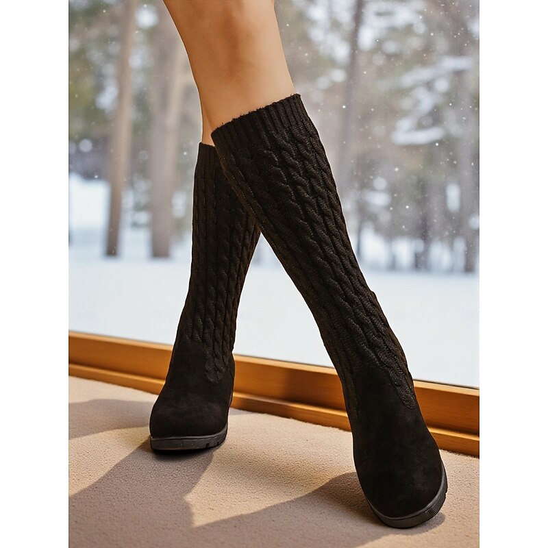 Women's Black Knit Mid-Calf Winter Boots – Warm Slip-On Wedge Boots for Cold Weather and Casual Outfits4