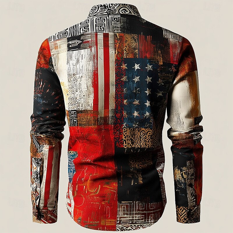 Men's Geometric Color Block Patchwork Shirt Button Up Shirt Long Sleeve Vintage Retro Outdoor Daily Streetwear Spring Fall Turndown 3D Print Front One Pocket Linen Like Shirt Red Blue Purple Orange2