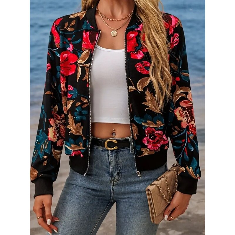 Women's Casual Jacket Warm Quick Dry Zipper Pocket Elegant Fashion Daily Simple Floral Vacation Casual Daily Holiday Short Baseball Collar Regular Fit Long Sleeve Outerwear Black White Red Spring Fall