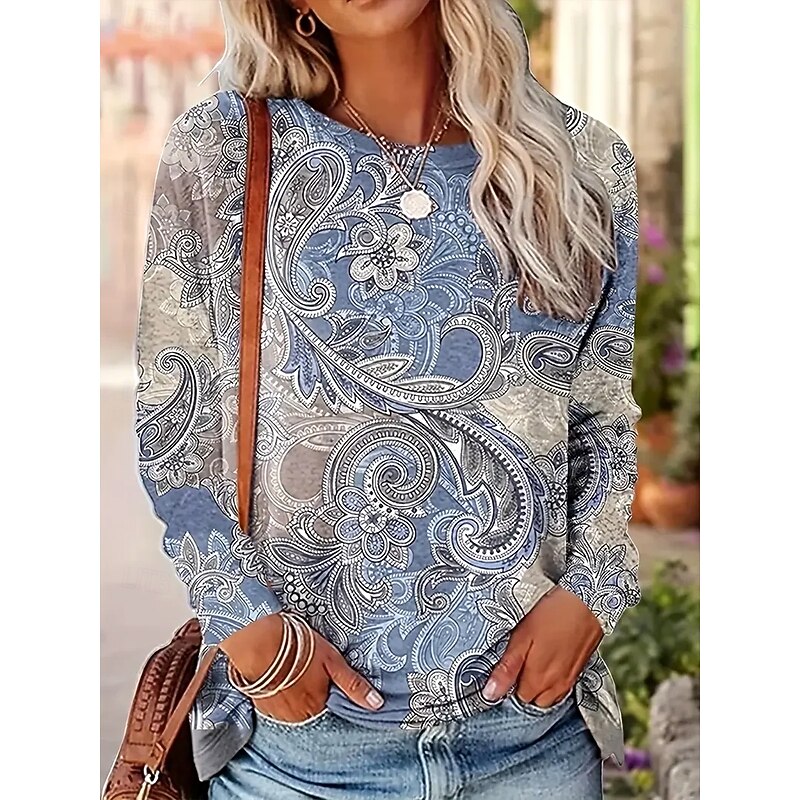 Women's T Shirt Floral Graphic Paisley Vintage Fashion Stylish Long Sleeve Crew Neck Round Neck Regular Tops Daily Weekend Print Dusty Blue Spring Fall Winter2