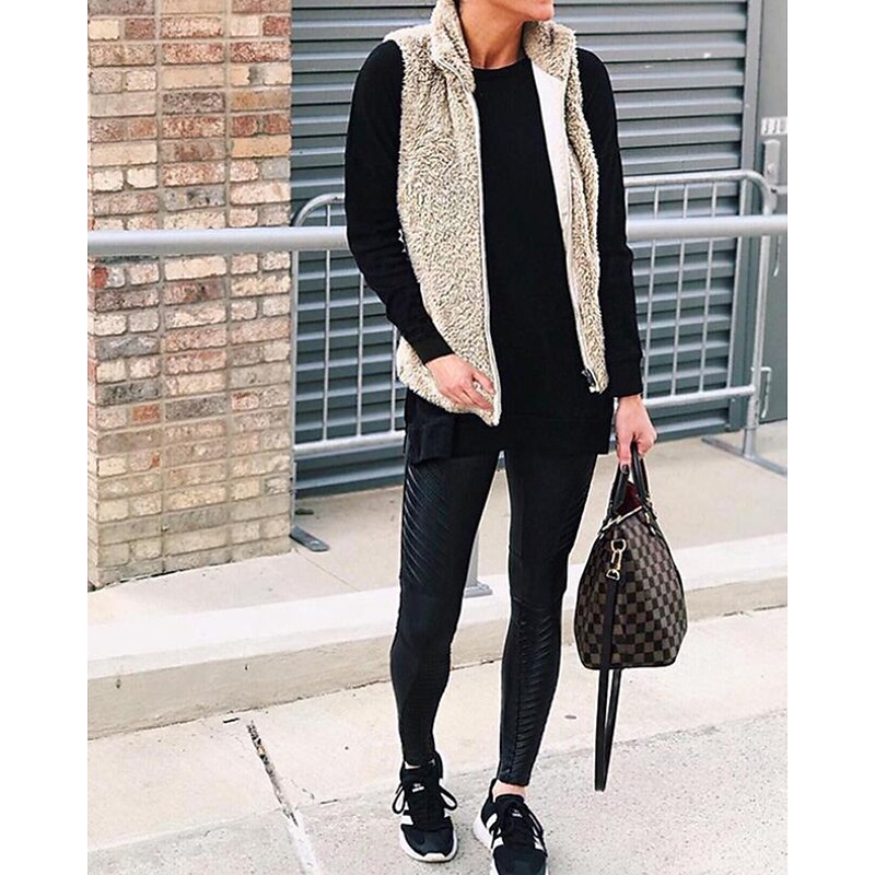 Women's Vest Warm Comfortable Zipper Pocket Casual Plain Going out Weekend Zipper Regular Stand Collar Regular Fit Sleeveless Outerwear White Red Purple Fall Winter