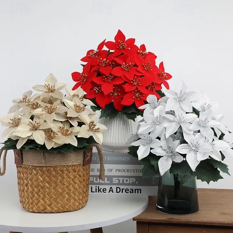 4PCS Christmas Poinsettia Artificial Flowers – Realistic Bouquet for Wedding, Porch, Garden, Indoor & Outdoor Holiday and Home Decor4