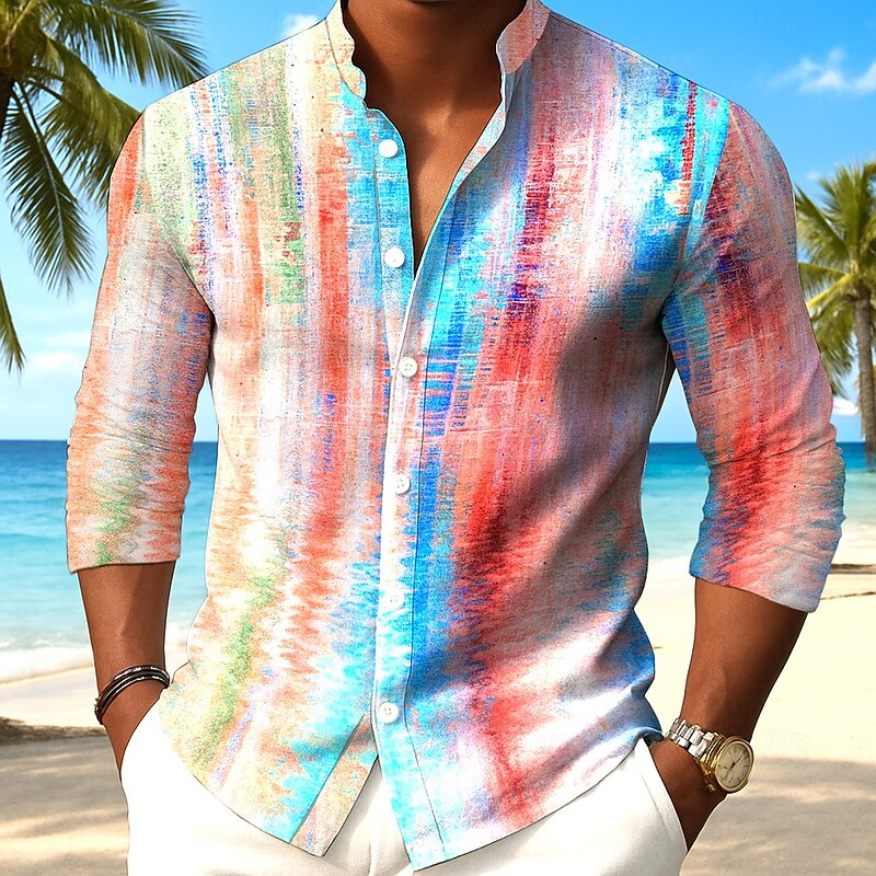 Men's Geometric Gradient Color Abstract Art Shirt Button Up Shirt Stand Collar Shirt Long Sleeve Casual Outdoor Vacation Daily Spring Fall Mandarin Collar Band Collar 3D Print Linen Like Shirt White3