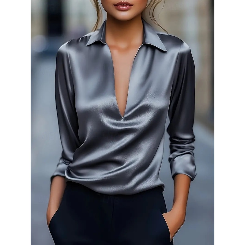 Music Festival Women's Petite Silk Shirt Dressy Tops Plain Business Sexy Long Sleeve Bishop Sleeve Shirt Collar Regular Tops Work Holiday Draped Black White Wine Blue Green Spring, Fall, Winter2