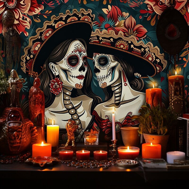 Day of the Dead Tapestry Banners Wall Hangings Skeleton Flower Mexico Dark Punk Gothic Style Party Dorm Shooting Backgrounds Home Decor2