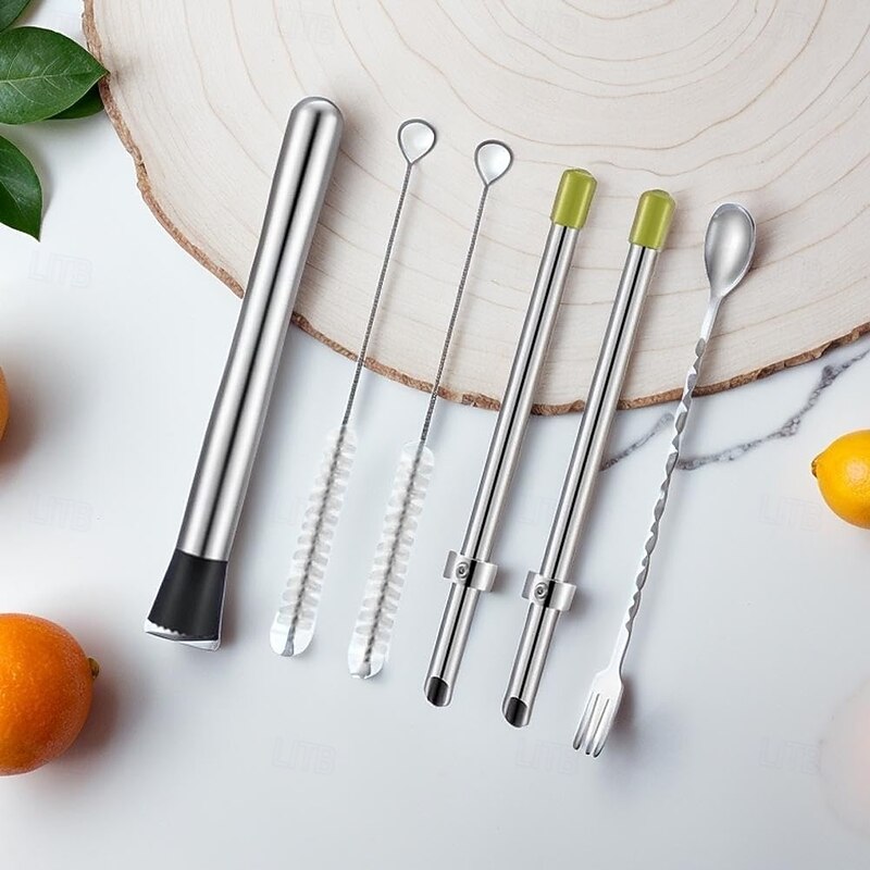 6 Pieces Professional Lemonade Stand Kit includes 2pcs of 304 stainless steel straw punch, 1 stainless steel muddler, 1 stirring spoon and 2 straw cleaning brushes for Lemonade Preparation4