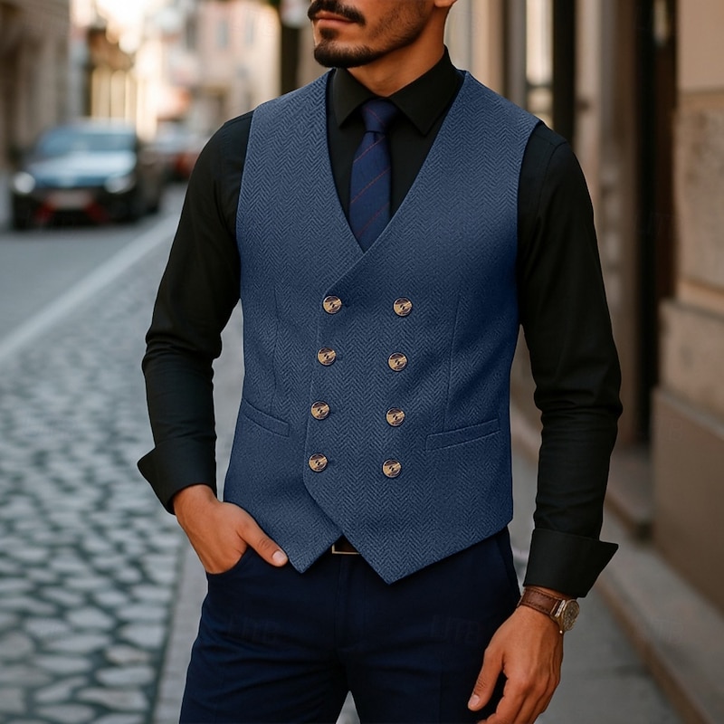 Men's Vest Waistcoat Formal Vacation Daily Wedding Party Fashion Casual Spring Fall Pocket Buttons Polyester Wool Blend Comfortable Plain Herringbone Double Breasted V Neck Slim Fit Burgundy Navy