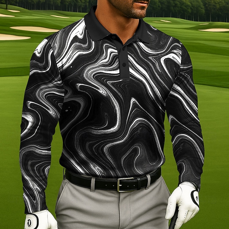 Men's Abstract Geometic Polo Long Sleeve Polo Shirts Lapel Casual Athleisure Daily Wear 3D Print Buttons Spring Fall Winter Lake blue Black White2