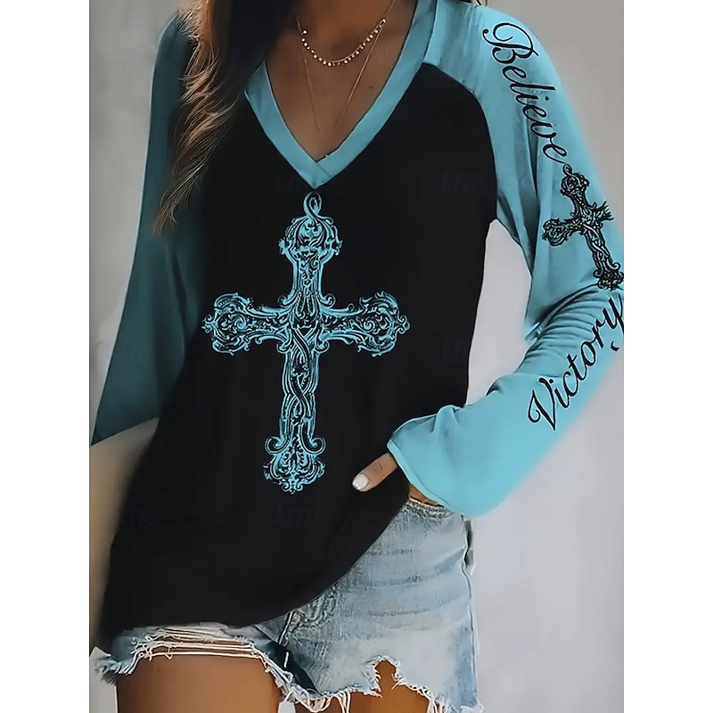 Women's T Shirt Graphic Letter Fashion Casual Long Sleeve V Neck Regular Tops Daily Weekend Print Red Blue Purple Fuchsia Green Summer Spring Fall