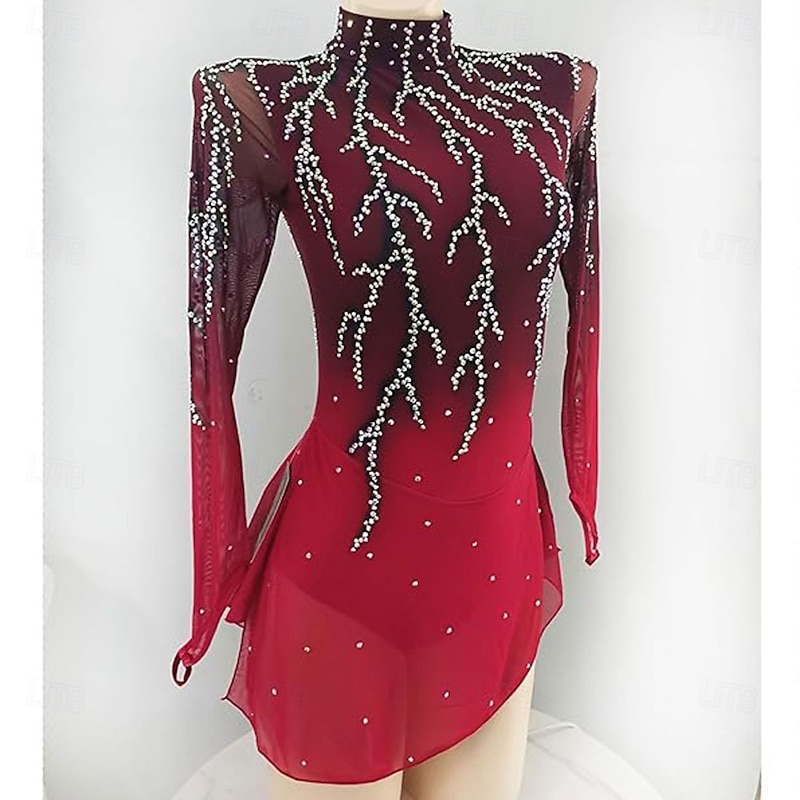 Figure Skating Dress Women's Girls' Ice Skating Dress Red Open Back Asymmetric Hem Mesh High Elasticity Training Competition Skating Wear Classic Crystal / Rhinestone Long Sleeve Ice Skating Figure2
