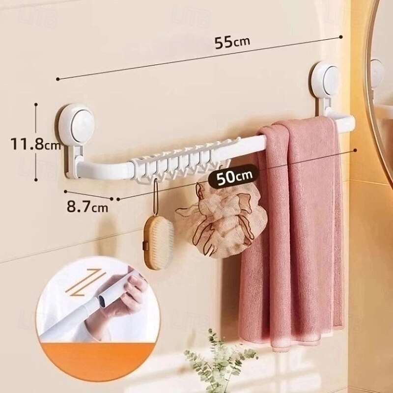 TAILI Suction Cup Towel Bar, Adjustable Adhesive Towel Holder for Bathroom, No Drill Wall Mounted Towel Rack with Sliding Hooks, White Towel Shelf for Kitchen, Toilet, Shower, Door3
