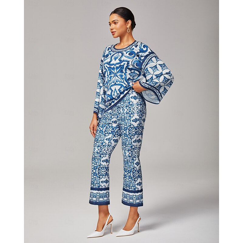 Women's Blue and White Porcelain Print Flare Pants Stretch Fabric Placement Print Elegant Stylish Casual Daily Fall4