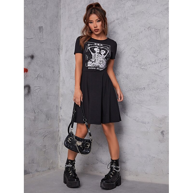 Gothic Mini Dress Skull Skeleton Round Neck Fancy Dress Women's Fantasy Halloween Carnival Party Casual Adults Dress2