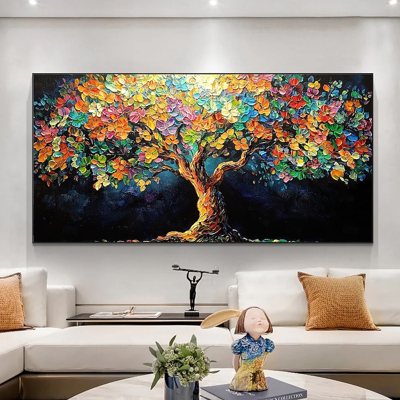 Handmade Original Colorful Blooming Tree Oil Painting On Canvas Wall Abstract Tree of Life Painting for Home Decor With Stretched Frame/Without Inner Frame Painting - Main Image