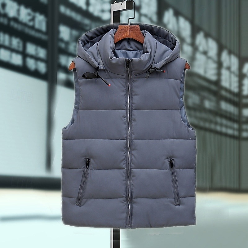 Men's Puffer Vest Vest Gilet Vacation Daily Date Fashion Casual Fall & Winter Pocket Polyester Warm Comfortable Solid Color Zipper Hooded Regular Fit Black Gray Vest