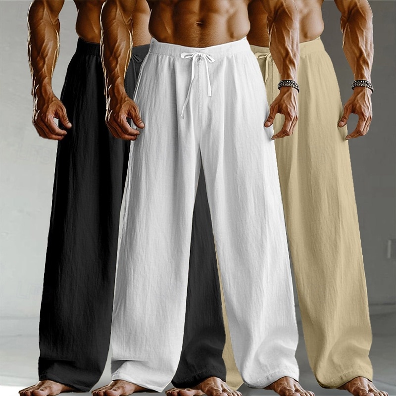 Men's Linen Pants Trousers Summer Pants Baggy Pants Drawstring Elastic Waist Straight Leg Plain Comfort Breathable Full Length Home Yoga Holiday Fashion Streetwear Black+White+Navy Blue3