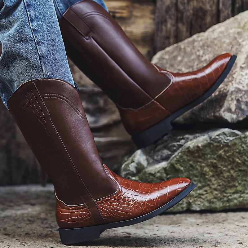 Men's Brown Leather Crocodile Pattern Tall Riding Boots – Elegant High Shaft Equestrian Footwear for Horse Riding, Costume Events and Vintage Style Outfits2