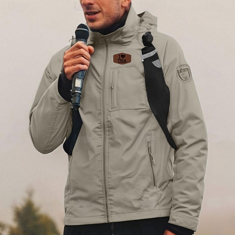 Men's Jacket Raincoat Shell Jacket Waterproof Lightweight Casual Sports Outdoor Camping & Hiking Embroidered Side Pockets Zip Front Fall Winter Hooded Long Sleeve Black Green khaki3