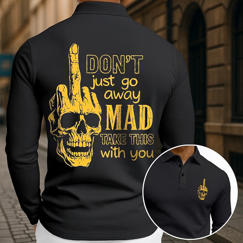 Day of the Dead Men's Cool Skulls Polo Long Sleeve Polo Shirts Lapel Casual Dark Athleisure Daily Wear Streetwear 3D Print Buttons Spring Fall Winter Black Yellow
