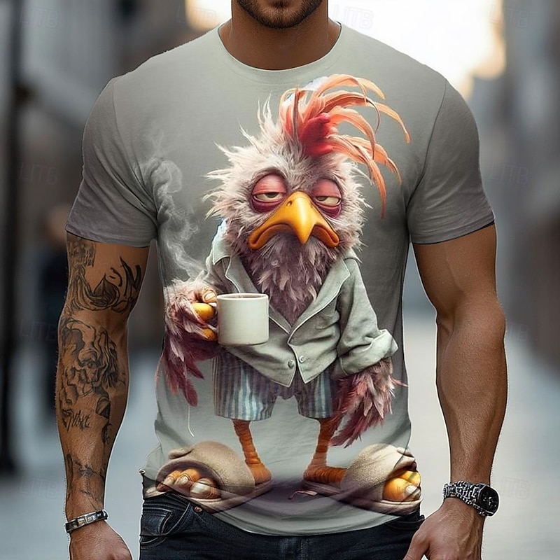 Men's Rabbit Rooster Funny T Shirt Short Sleeve T shirt 3D Print Crew Neck Shirt Exaggerated Designer Party Holiday Dark Gray Gray Summer Spring Clothing Apparel S M L XL XXL XXXL