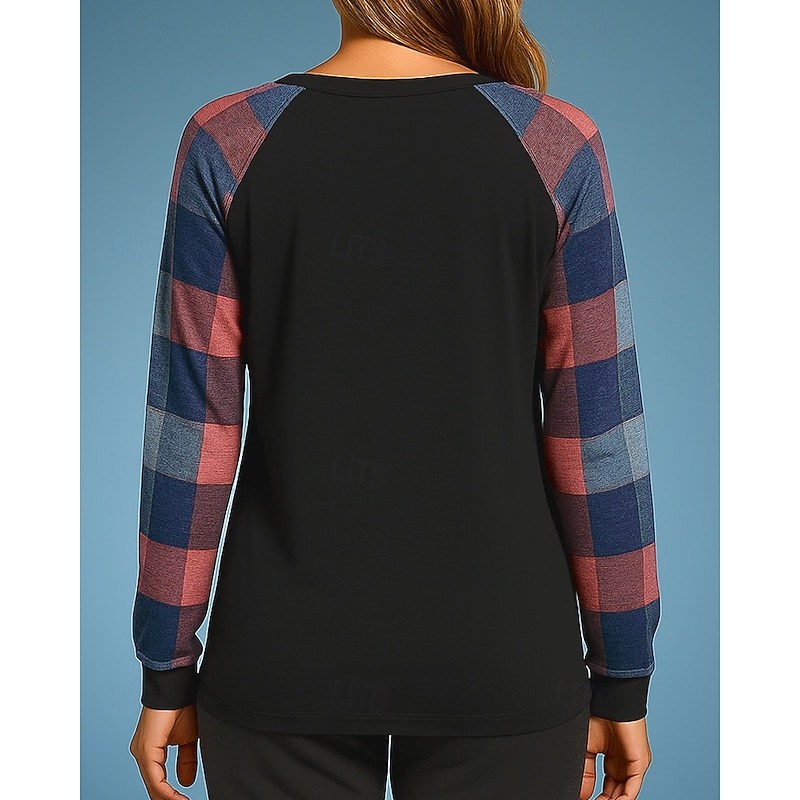 Women's Pullover Sweatshirt Casual Tops Long Sleeve Top Athleisure Fall Plaid Checkered Fashion Outdoor Travel Sportswear Activewear Black White2