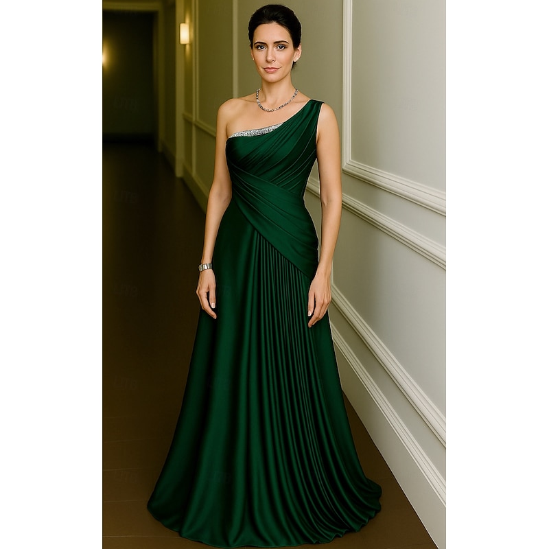 Green Blue A-Line Evening Gown Elegant Dress Formal Wedding Floor Length Sleeveless One Shoulder Stretch Satin with Pleats Ruched 20252