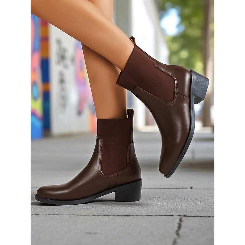 Women's Black Faux Leather Chelsea Ankle Boots - Elastic Slip-On Low Heel Booties for Daily Commuting, Fall Outfits and Urban Casual Wear3