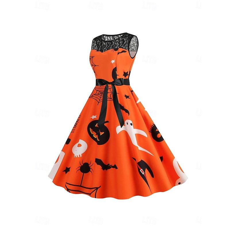 Halloween Women's Pumpkin Print Midi Dress A Line Dress Casual Daily Holiday Regular Fit Pumpkin Bat Sleeveless Crew Neck Black Dark Red Red Orange Summer Spring Fall2