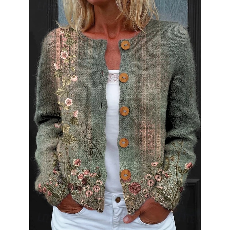 Women's Cardigan Sweater Knitted Ribbed Button Front Round Neck Long Sleeve Lightweight Daily Floral Crew Neck Buttons Print Regular Tops Knit Outdoor Weekend Red Green Spring Fall