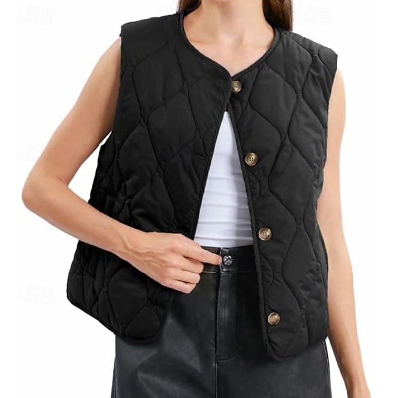 Women's Vest Warm Comfortable Pocket Buttons Casual Plain Going out Weekend Single Breasted Regular Crewneck Regular Fit Sleeveless Outerwear Black Red Green Fall Winter