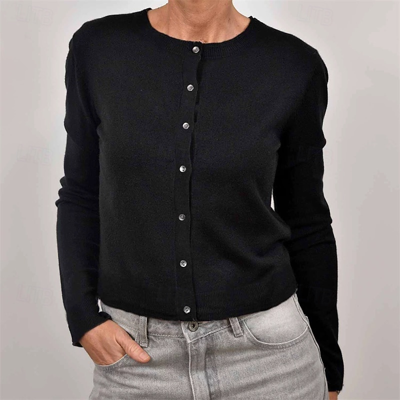 Women's Sweater Fashion Solid Color Ribbed Crew Neck Buttons Knitted Long Sleeve Regular Tops Knit Holiday Going out Weekend Black White Fall2