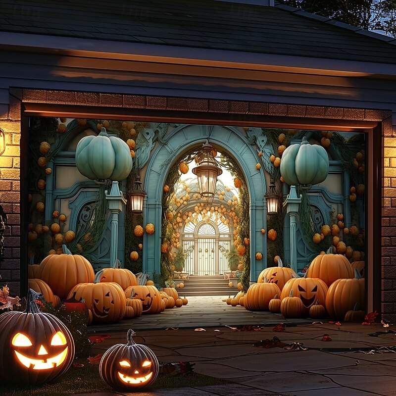 Halloween Garage Door Cover Large Hanging Backdrop Pumpkin 3D Dark Punk Gothic Style Party Outdoor Shooting Backgrounds Front Door Home Decor4