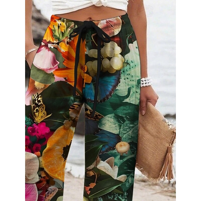 Women's Wide Leg Pants Trousers Vacation Casual Long High Waist Floral Elastic Waist Printing High Cut Breathability Soft Micro-elastic Vacation Street Daily Wear Dark Green Spring Fall Regular Fit2