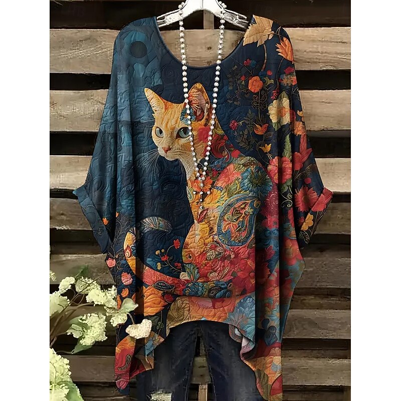 Women's Blouse Graphic Animal Elegant Vintage Daily Half Sleeve Batwing Sleeve Crew Neck Regular Tops Daily Holiday Beach Wear Asymmetric Blue Orange Green Summer Spring3