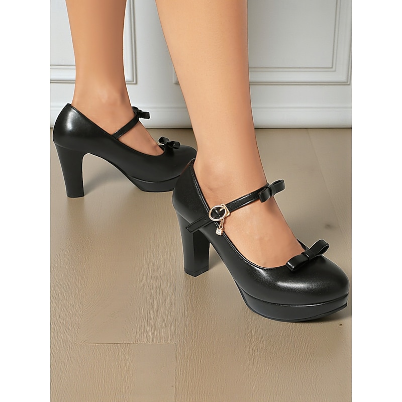 Women's Black Platform Mary Jane Heels with Bow Strap and Charm - Cute Lolita Style Dress Shoes for Parties, Cosplay and Sweet Vintage Outfits3