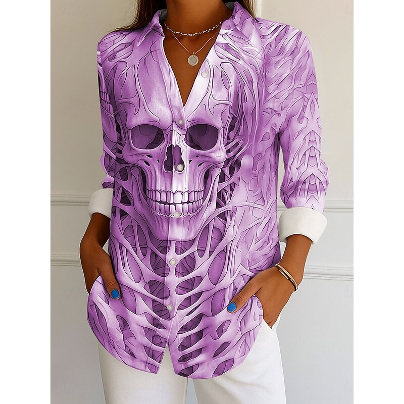 Halloween Women's Shirt Graphic Skull Elegant Vintage Tropical Long Sleeve Bishop Sleeve Shirt Collar Regular Tops Daily Holiday Print White Blue Purple Khaki Spring Fall Winter4
