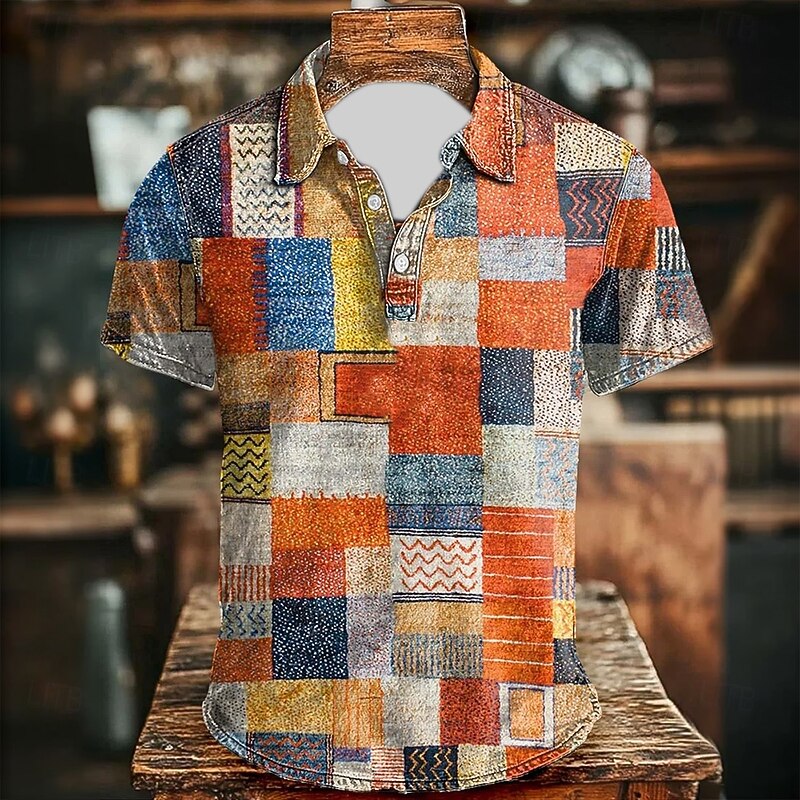 Men's Geometric Color Block Polo Short Sleeve Polo Shirts Collared Shirts Casual Athleisure Daily Wear 3D Print Buttons Summer Blue Orange2