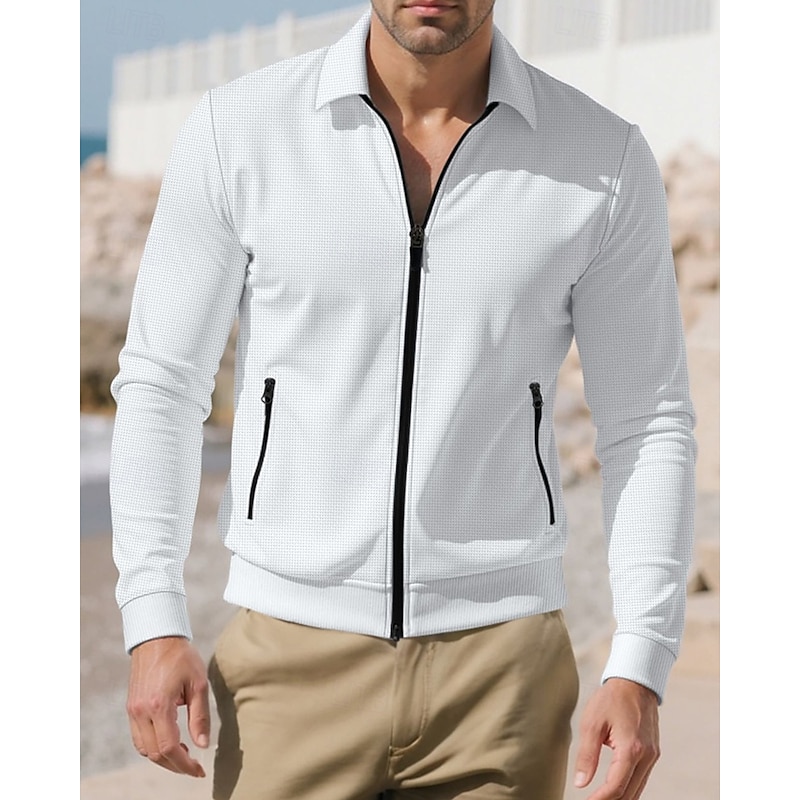 Men's Lightweight Jacket Waffle Jacket Casual Jacket Vacation Daily Breathable Pocket Spring Fall Plain Fashion Classic Lapel Regular Black White Royal Blue Khaki Gray Jacket