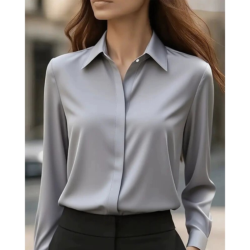 Women's Work Shirt Blouse Plain Modern Casual Long Sleeve Shirt Collar Regular Tops Daily Holiday Buttons Black White Blue Gray Fall3