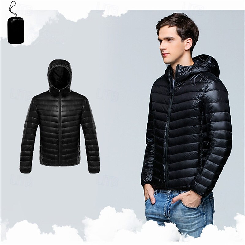 Men's Winter Coat Down Jacket Puffer Jacket Padded Jacket Pocket 50% White duck down Vacation Daily Wear Date Regular Fashion Casual Comfortable Thermal Warm Winter Solid / Plain Color Wine Black