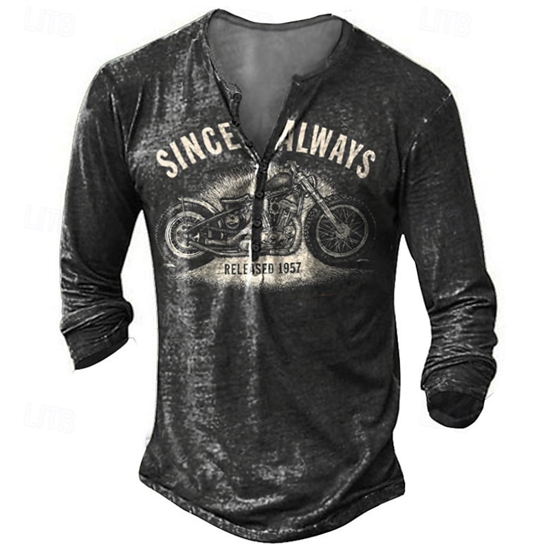 Men's Vintage Motorcycle Long Sleeve Henley Tee - 'Since Always Released 1957' Graphic Print, Distressed Casual Top