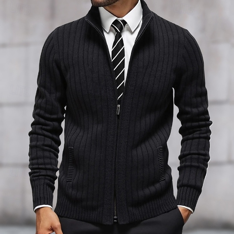 Men's Sweater Dress Sweater Cardigan Sweater Zip Sweater Knit Sweater Ribbed Knit Short Knitted Ribbed Plain Stand Collar Fashion Shawls Business Casual Clothing Apparel Fall Winter Black Burgundy M