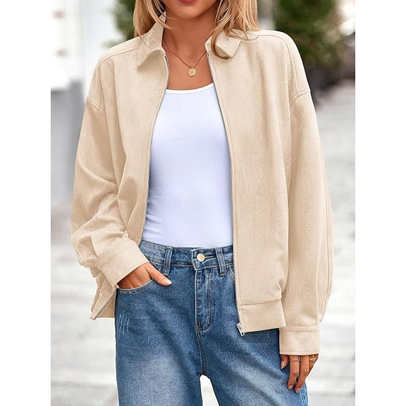 Women's Casual Jacket Comfortable Breathable Zipper Casual Plain Vacation Street Casual Daily Wear Zipper Regular Turndown Oversized Long Sleeve Outerwear Black Wine Brown Spring Fall