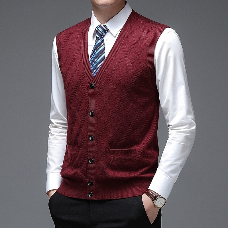 Men's Sweater Dress Sweater Cardigan Sweater Knit Sweater Ribbed Knit Regular Tops Knitted Ribbed Plain V Neck Fashion Shawls Formal Business Clothing Apparel Spring Fall Burgundy Camel M L XL3