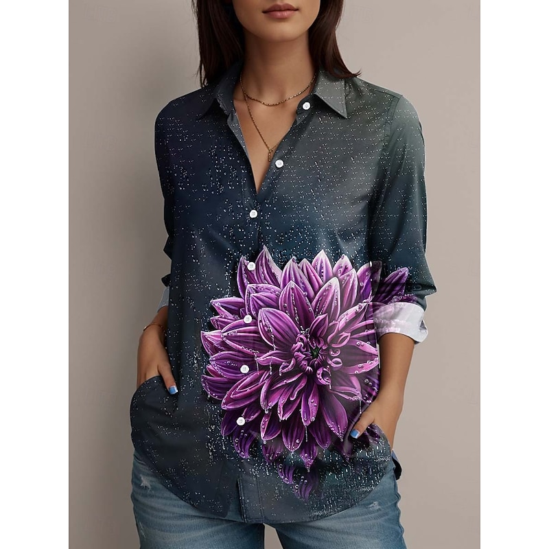 Dakota Daetwiler by Women's Shirt Floral Graphic Daily Stylish Business Long Sleeve Shirt Collar Regular Tops Work Daily Formal Wear Buttons Print Black Spring Fall
